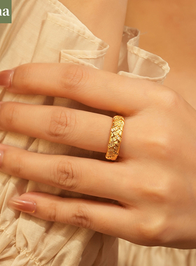 NININA复古老钱风黄金点钻麦穗拉丝编织麻花戒指女别致食指戒