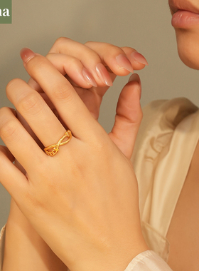 NININA环扣沙金戒指女款素圈戒指送女友可调节开口链条交叉戒指