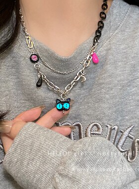 新品童趣黑色猫咪吊n坠卫衣项链女秋冬潮酷嘻哈辣妹配饰双层叠戴