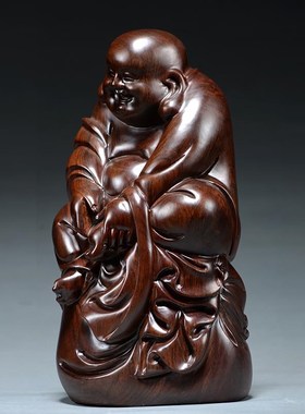 极速黑檀木雕弥勒佛像摆件根雕笑佛实木质雕刻知S足常乐家居装饰
