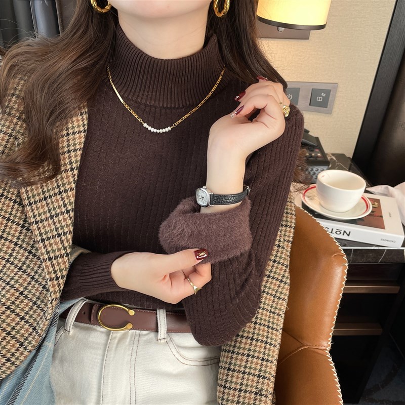 极速加绒加厚毛衣女202t3秋冬新款针织半高领打底衫一体水貂绒保 - 图2