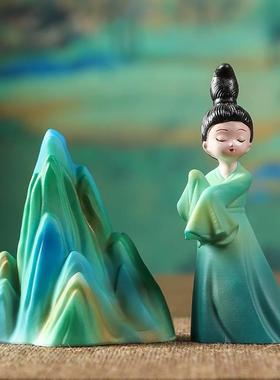 极速树脂彩绘工艺礼品摆饰温变舞蹈侍女J千里江山图只此青绿笔架