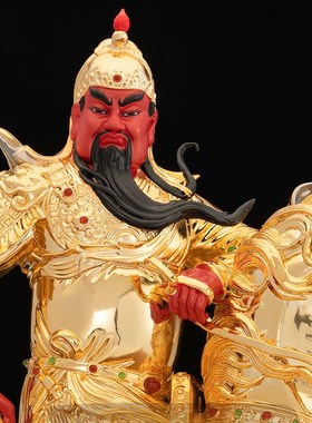 纯铜鎏金关公摆件客厅家用公司骑马关公神像武财神关羽关二爷雕像