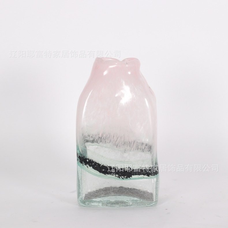 吹制玻璃花瓶创意北欧粉色透明水炸纹插花器水培器皿扁口小清新,淘宝优惠券,粉丝福利购,淘宝优惠卷