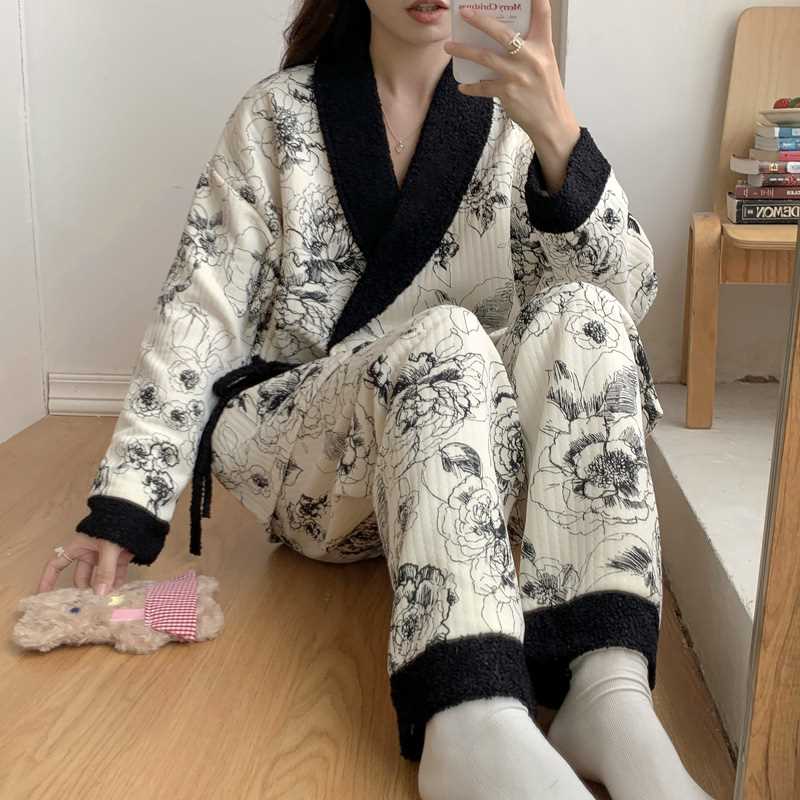 月子服春秋加肥大码产后空气棉孕妇和服睡衣女秋冬保暖哺乳家居服-图1