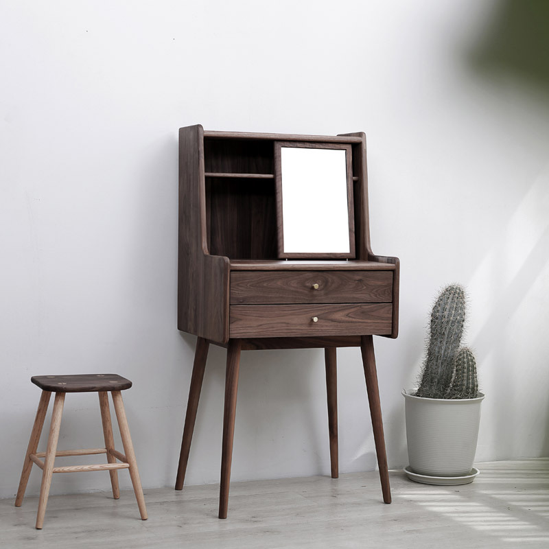 北美黑胡桃梳妆台现代简约小户型卧室化妆台橡木樱桃木带镜子 - 图0