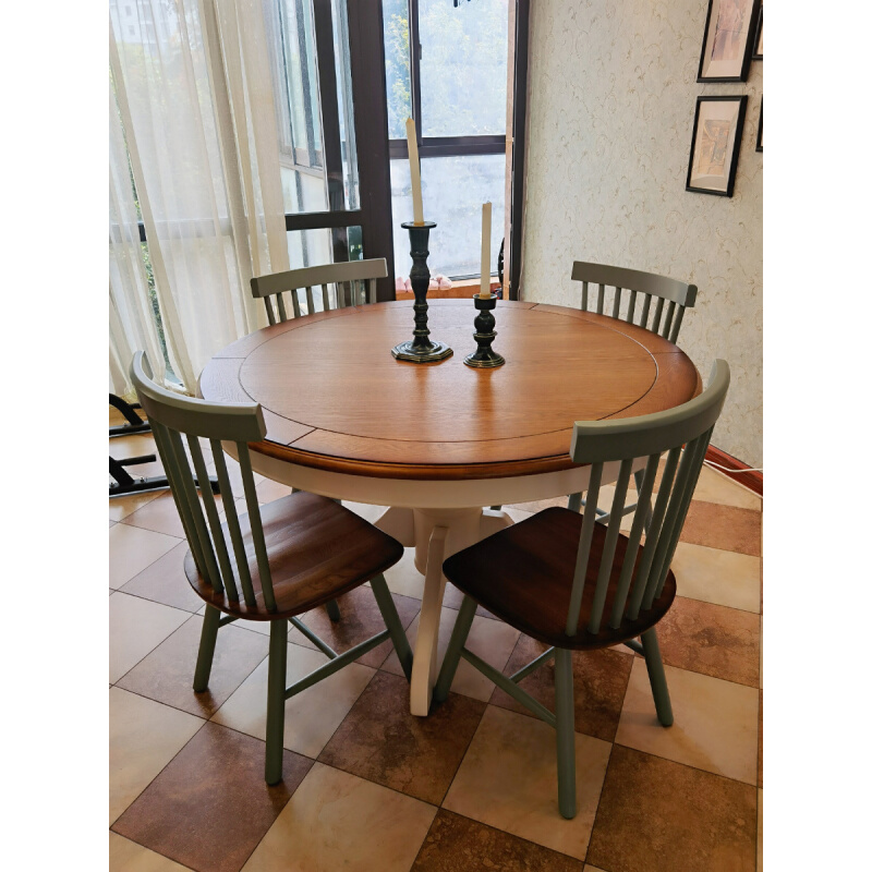501款美式圆餐桌地中海风格餐桌全实木小户型伸缩餐桌椅