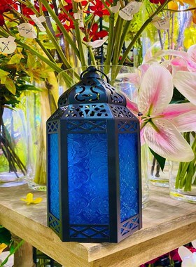 极速美式乡村彩色玻璃风灯烛台家B居装饰铁艺烛台小马灯摆件房间