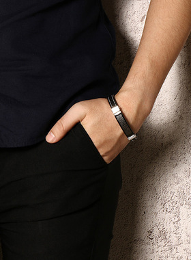 极速欧美男士手环 英文硅胶黑色素圈手镯首饰品情人节V生日礼物 B