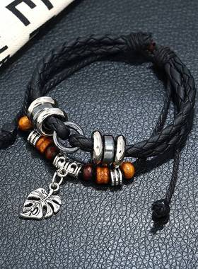 极速-Faashion Personality Leather Multilayer Woven Leaf Pend