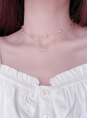 极速Gold Color jDouble Layer Heart Necklace Shining Bling AA