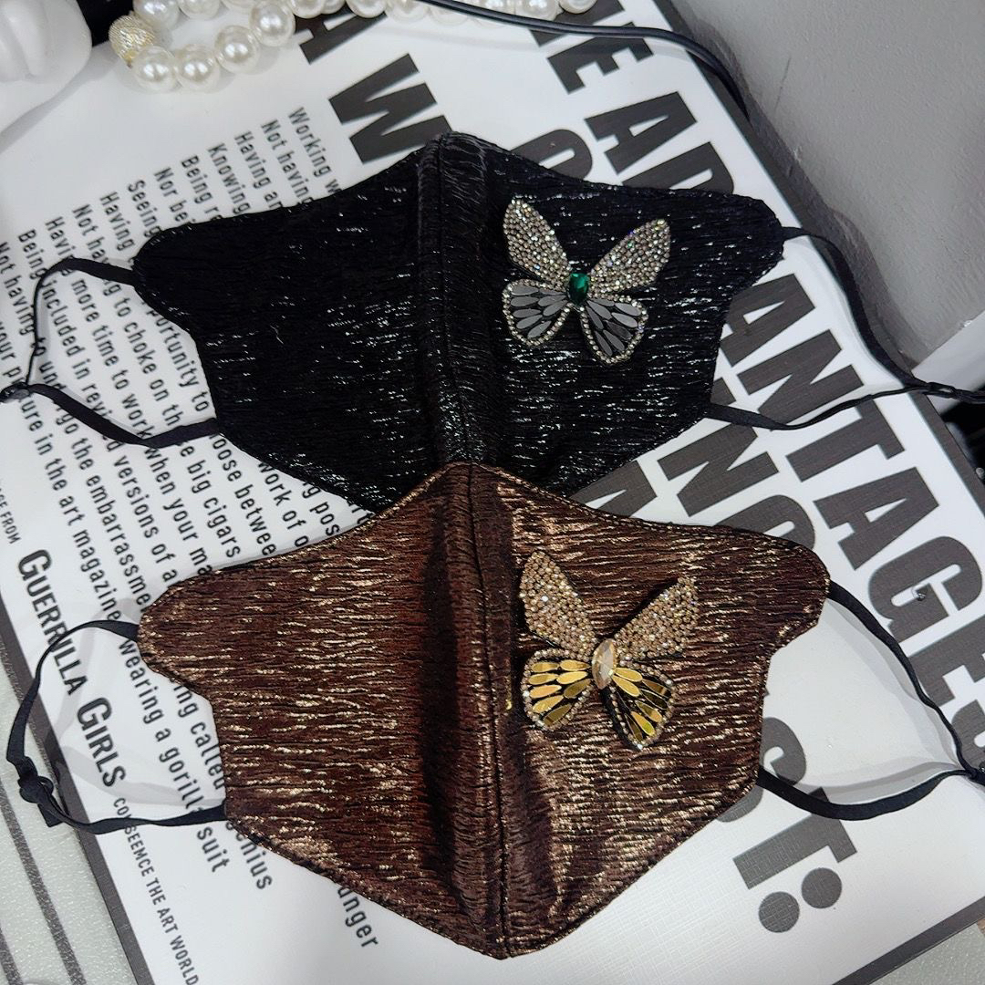 秋冬新款面罩亮面褶皱高级鎏金复古气质高档时尚蝴蝶精致奢华口罩 - 图0