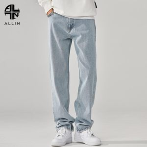 ALLIN 浅蓝色水洗牛仔裤男美式高街加绒加厚垂感直筒宽松阔腿裤子