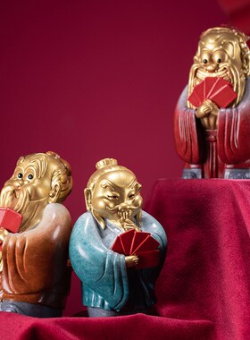 新品朱炳a仁铜 一手好牌 三圣摆件工艺品摆件家居装饰品客厅装饰