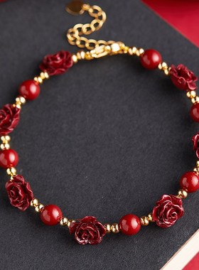 极速新品推荐天然朱砂雕刻玫w瑰花手链女一路生花国风转运手串本