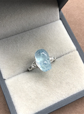 极速天然高d冰蓝海蓝宝貔貅戒指 白铜镀银活口 随机发货 Y1407