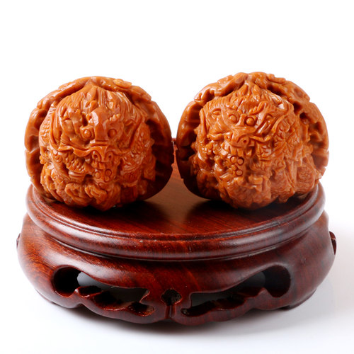 极速文玩核桃矮h桩白狮子头雕刻双面二龙戏珠手玩把件手球核桃送 - 图3