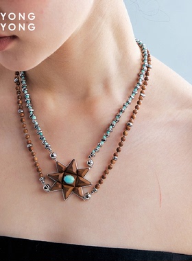 无用之用「温和对峙」925银天然黑玛瑙老山檀绿松石八芒星项链女