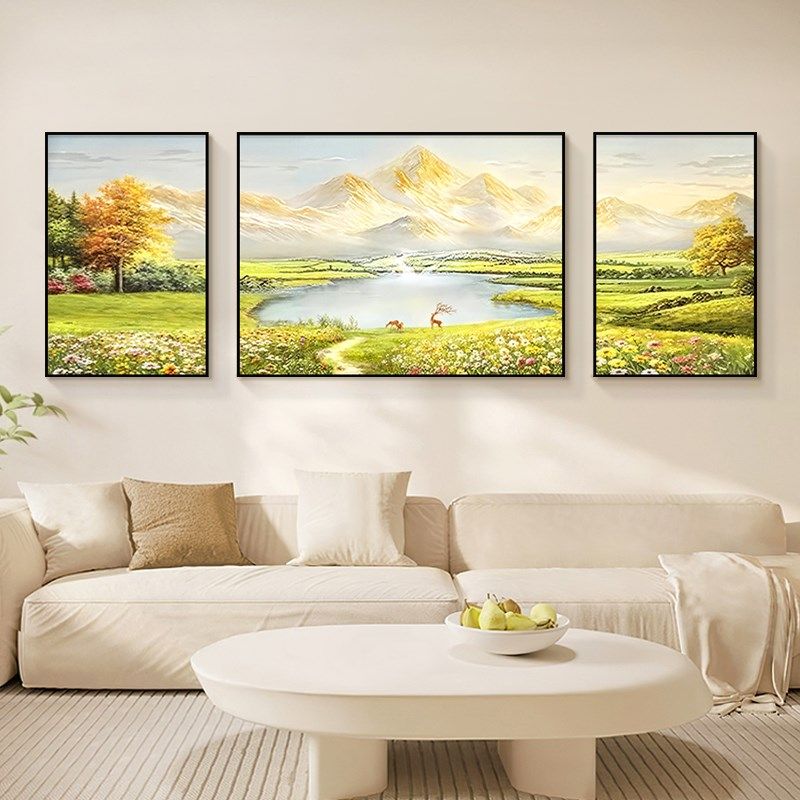 金山聚宝盆客厅装饰画山水油画沙发背景墙2025新款玄关挂画三联画,淘宝优惠券,粉丝福利购,淘宝优惠卷