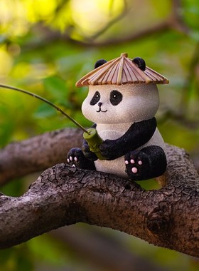 古法养鱼缸装f饰熊猫钓鱼翁微景观水族流水器鱼池假山造景庭院摆