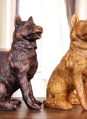 速发实木雕狗摆件招财镇宅犬手工艺品生肖狗客厅玄关酒柜装饰礼品