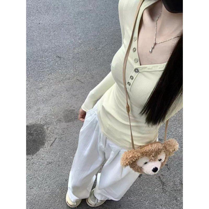 美式辣妹v领长袖t恤女春夏季2025新款内搭打底衫修身收腰纯欲风上,淘宝优惠券,粉丝福利购,淘宝优惠卷