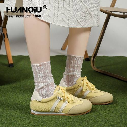 环球黄色德训鞋女款系带学生春季百搭薄底轻便休闲运动板鞋小白鞋 - 图1