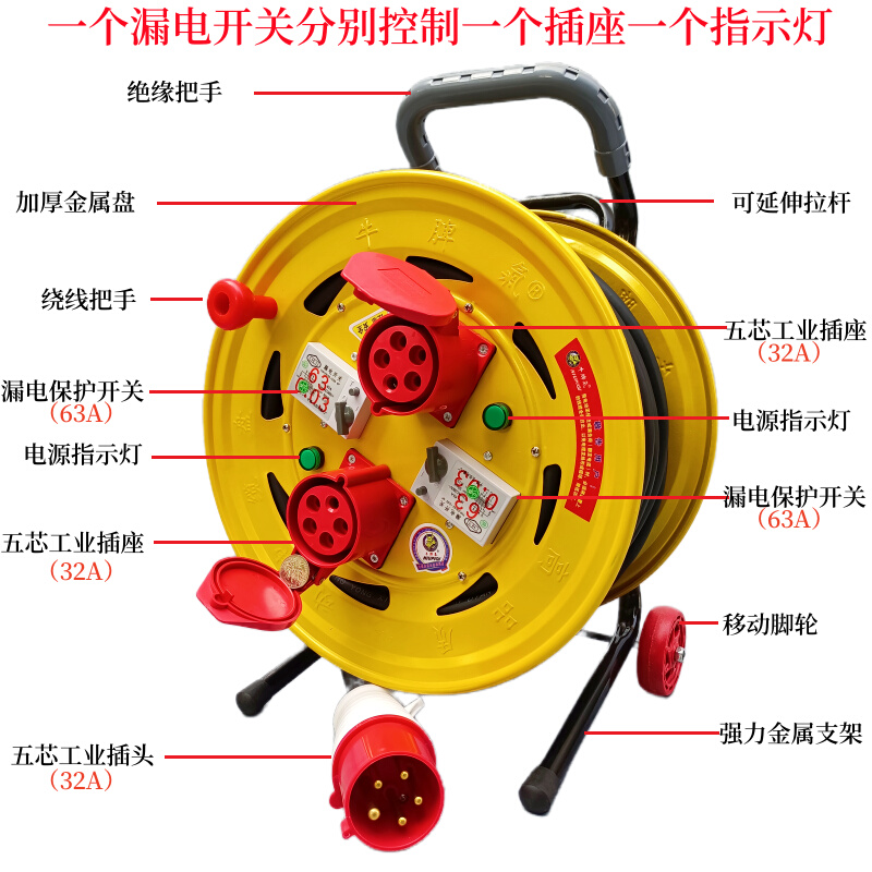 380V一机一闸五芯工业航空防爆插座移动电缆拖线盘电源接线卷线轴 - 图0