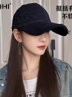 复古破洞棒球帽女新款加大加深宽檐显脸小硬顶鸭舌帽大头围帽子男