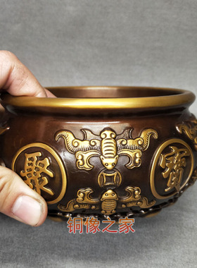 新品包邮新款仿古纯铜黄铜立x体浮雕聚宝盆加厚加重款客厅工艺品