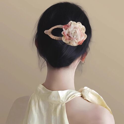 山茶抚香！超仙网纱玫瑰鸭嘴夹！氛围感后脑勺发饰气质鲨鱼夹盘发 - 图2