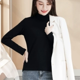 Демисезонный базовый приятный телу черный хлопковый лонгслив, высокий воротник, изысканный стиль