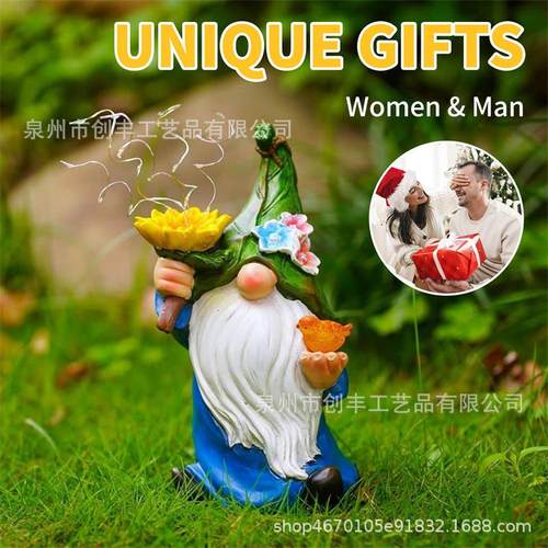 户外太阳能树脂工艺品庭院小矮人托小鸟摆件花园庭院灯景观灯摆件 - 图2