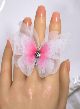7厘米立体蝴蝶开口戒指指环粉红轻奢小众中国风甜美气质表演舞蹈