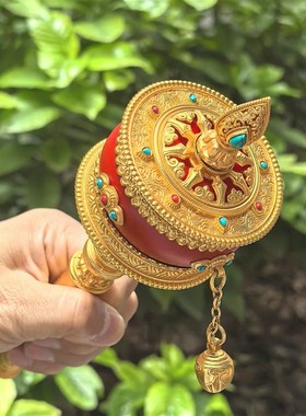 天珠纯铜镀金加皮手摇转筒真金电镀紫檀实木红皮转桶顺滑手持转轮