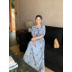 Maven Lin ການຖັກແສ່ວສາມມິຕິທີ່ດີເລີດສີຟ້າ pinstripe ຊຸດແຂນສັ້ນສໍາລັບແມ່ຍິງຝຣັ່ງວັນພັກຂະຫນາດໃຫຍ່ skirt A