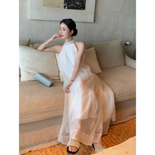 Maven Lin Ribbon Tie Halter Dress ແບບຣີສອດຂອງຜູ້ຍິງ ນ້ຳໜັກເບົາ ກະໂປງຍາວສະຫງ່າງາມ ເສື້ອຍືດແຂນຍາວ