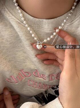 法式纯银爱心珍珠锁骨链女