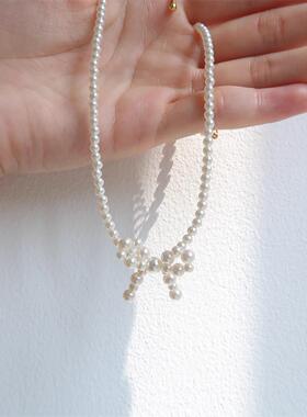 法式轻奢蝴蝶结珍珠锁骨链