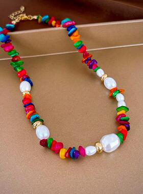 MaisonCleo多巴胺彩色人工石不规则仿珍珠锁骨项链时尚小众气质高