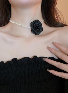 MaisonCleo简约布艺山茶花朵仿珍珠锁骨项链时尚网红通勤百搭气质