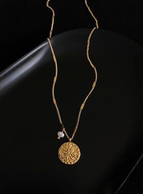 古风淡水珍珠手工圆牌树叶锁骨链