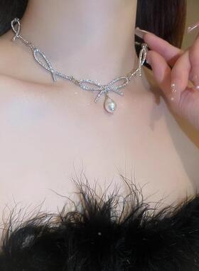 MaisonCleo闪钻蝴蝶结珍珠项链