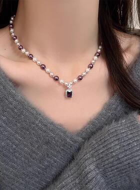 紫色水晶方糖珍珠锁骨链女轻奢