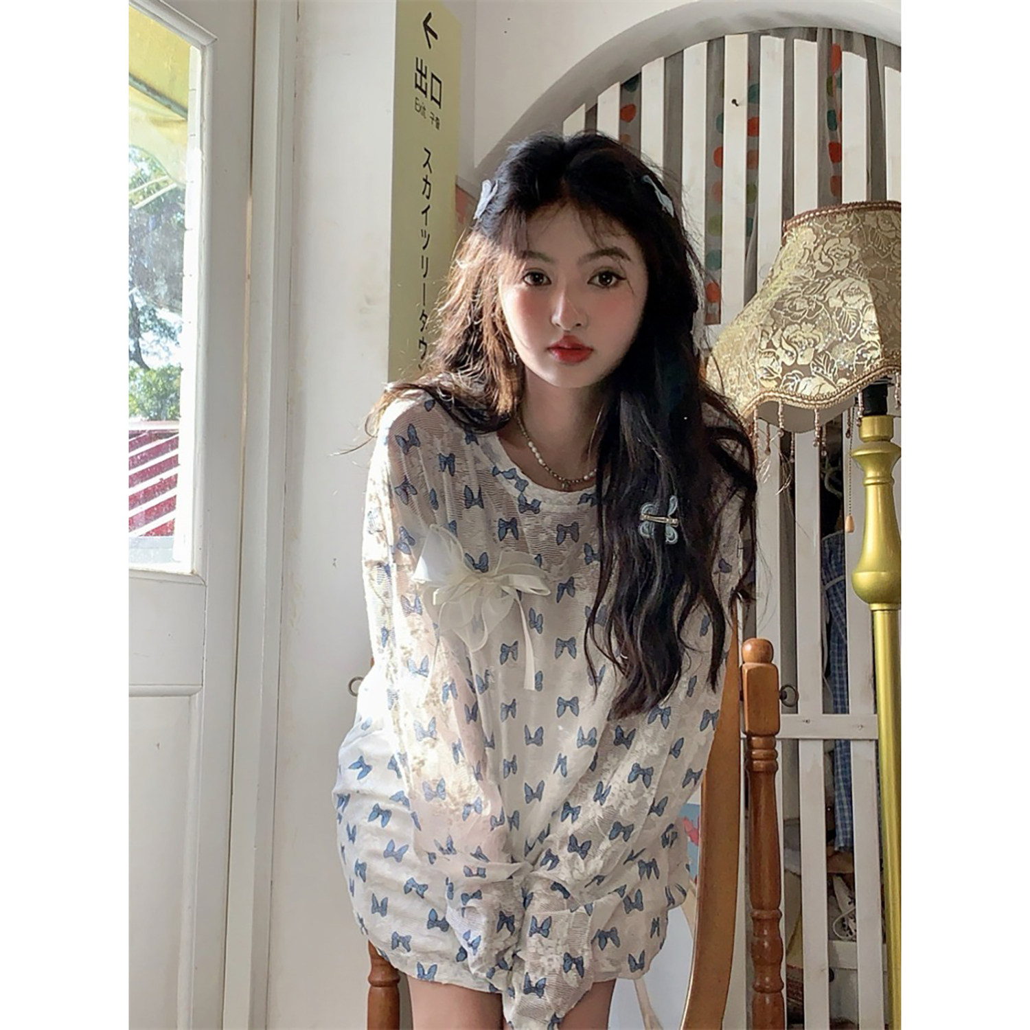 范雯雯蓝蝶花漾 薄款碎花长袖防晒衣女夏季甜美蝴蝶结宽松圆领T恤,淘宝优惠券,粉丝福利购,淘宝优惠卷