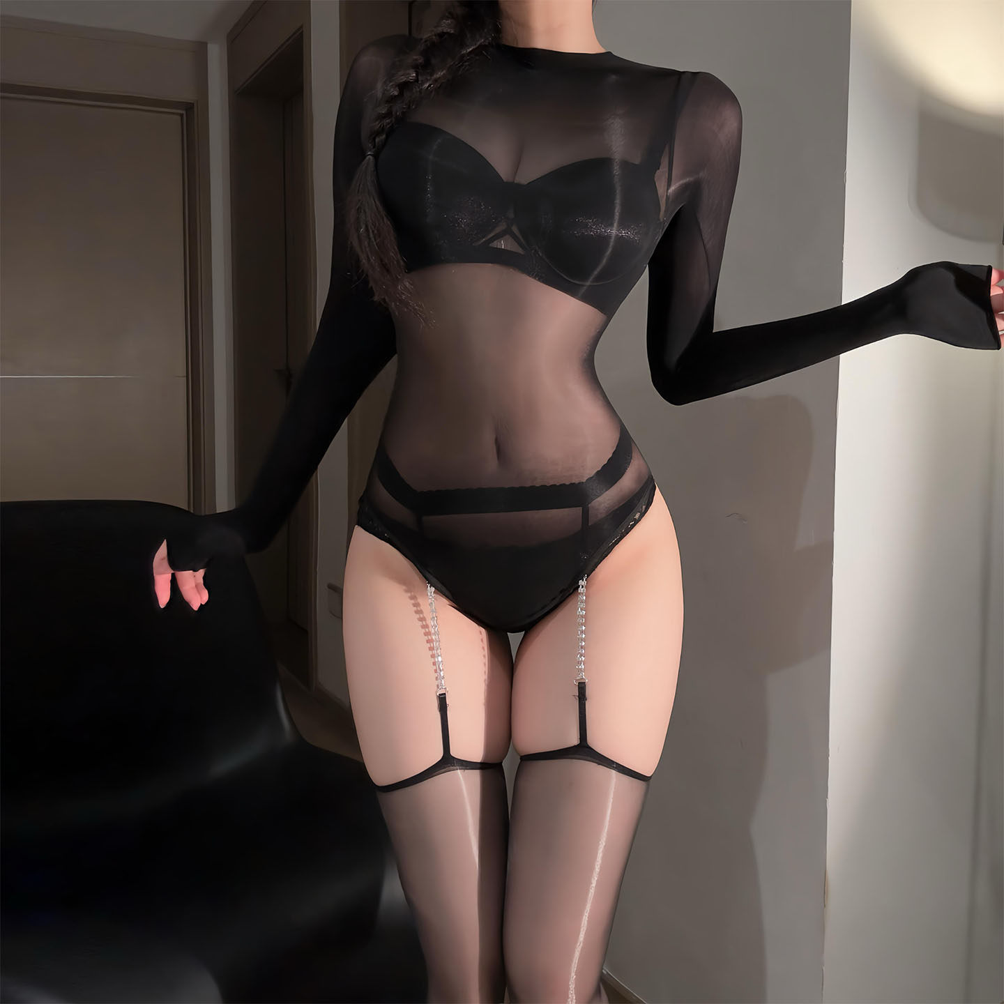 「朦胧」5D油亮长袖高叉丝衣三角比基尼泳衣性感丝滑丝袜连体衣,淘宝优惠券,粉丝福利购,淘宝优惠卷