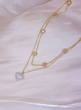 新品14k Real Gold Double layer Heart NecklaNce Shining Bling