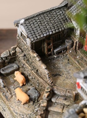 复古做旧房子桌面盆n栽树脂摆件创意客厅茶几装饰工艺品摆设送长