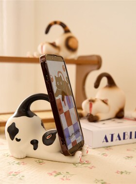 大有日-巴泥公社手作陶瓷可爱猫咪手机支架眼镜架摆件装饰创意