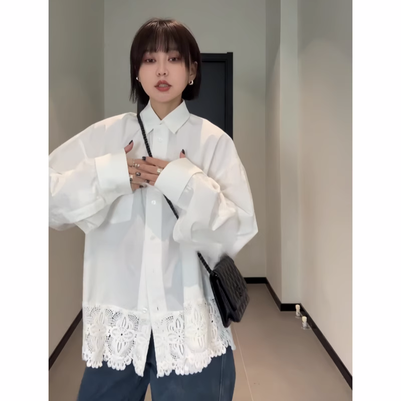 设计感蕾丝拼接白色衬衣女2025新款高级感独特短外套内搭叠穿衬衫,淘宝优惠券,粉丝福利购,淘宝优惠卷